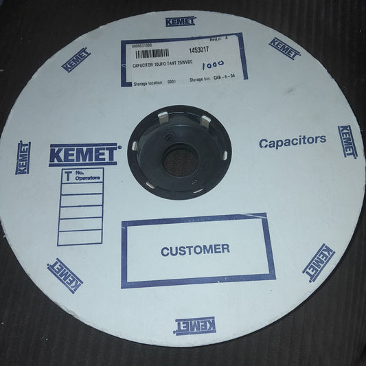 KEMET, Tantalum Capacitor 10 µF voltage rating of 25 VDC (NOS UNOPENED) reel of 1000