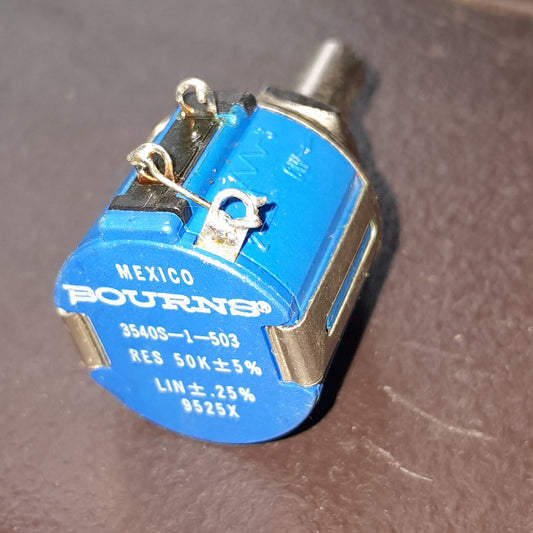 Bourns Precision Multiturn Potentiometer. With 10 turns, a 50 kΩ resistance, and a ±5% tolerance.