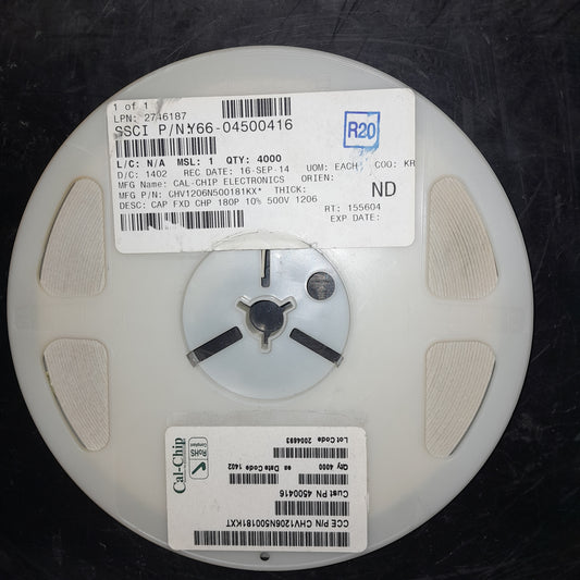 Cal-Chip Electronics fixed capacitor, LPN 2746187, 180 picofarad capacity and 10% tolerance,  500 volts of power (NOS) REEL OF 4000